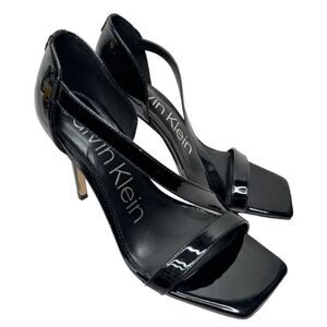 Calvin Klein Sandals Women Size 8.5 Black Patent Leather Square Toe Dress Heels